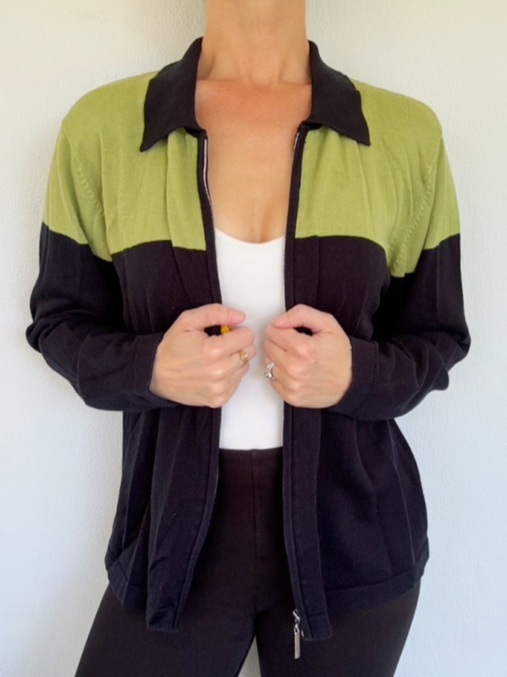 Dressbarn green full zip collared cotton blend cardigan sweater size medium
